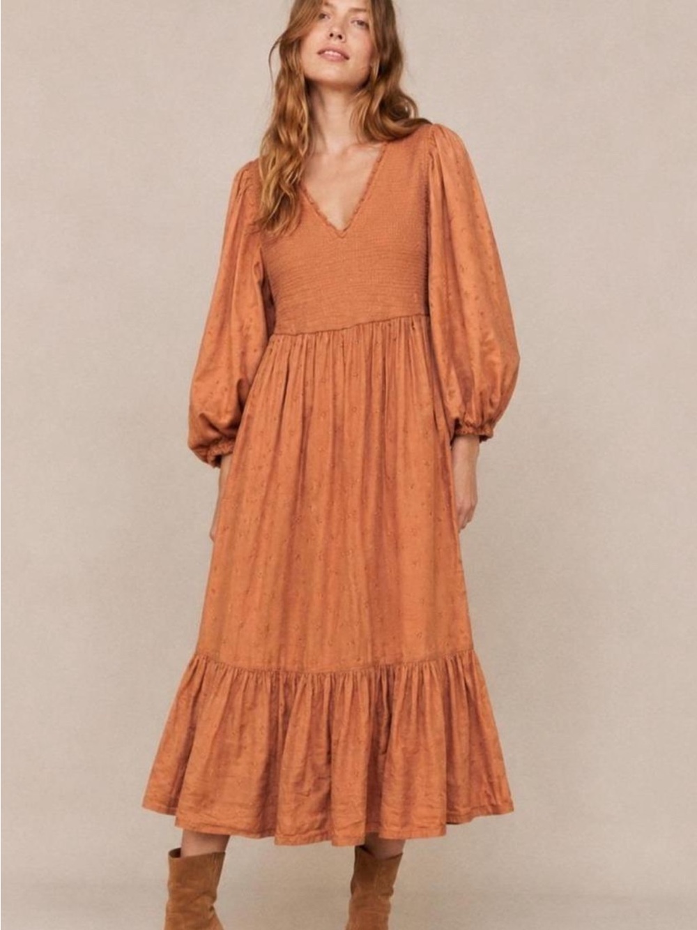 Old Navy Smocked V-Neck Long Sleeve Midi Dress